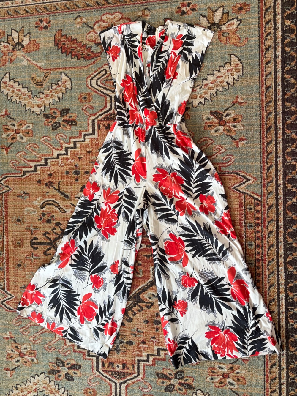 Floral Wide-Leg Jumpsuit in White with Red & Black Print tropical 70s